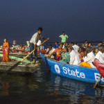 the platform of boats at the Daily Ganga Aarti in Varanasi