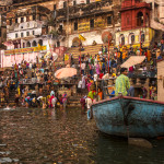 Worshippers praying, washing, bathing, and swimming in very cool waters